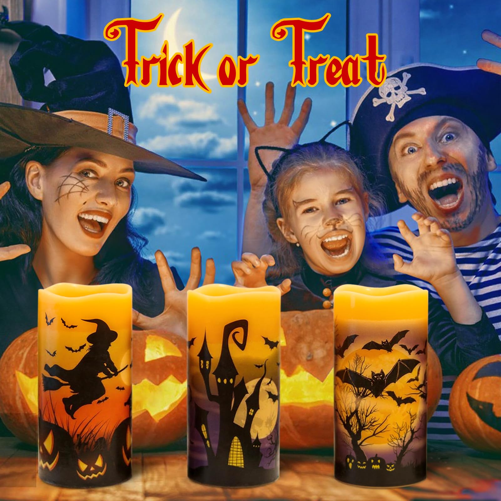 Candele ricaricabili per Halloween, senza fiamma, a batteria, con telecomando e timer, in vera cera tremolante, LED, pipistrelli, strega, zucca, cena, Halloween, decorazione per interni