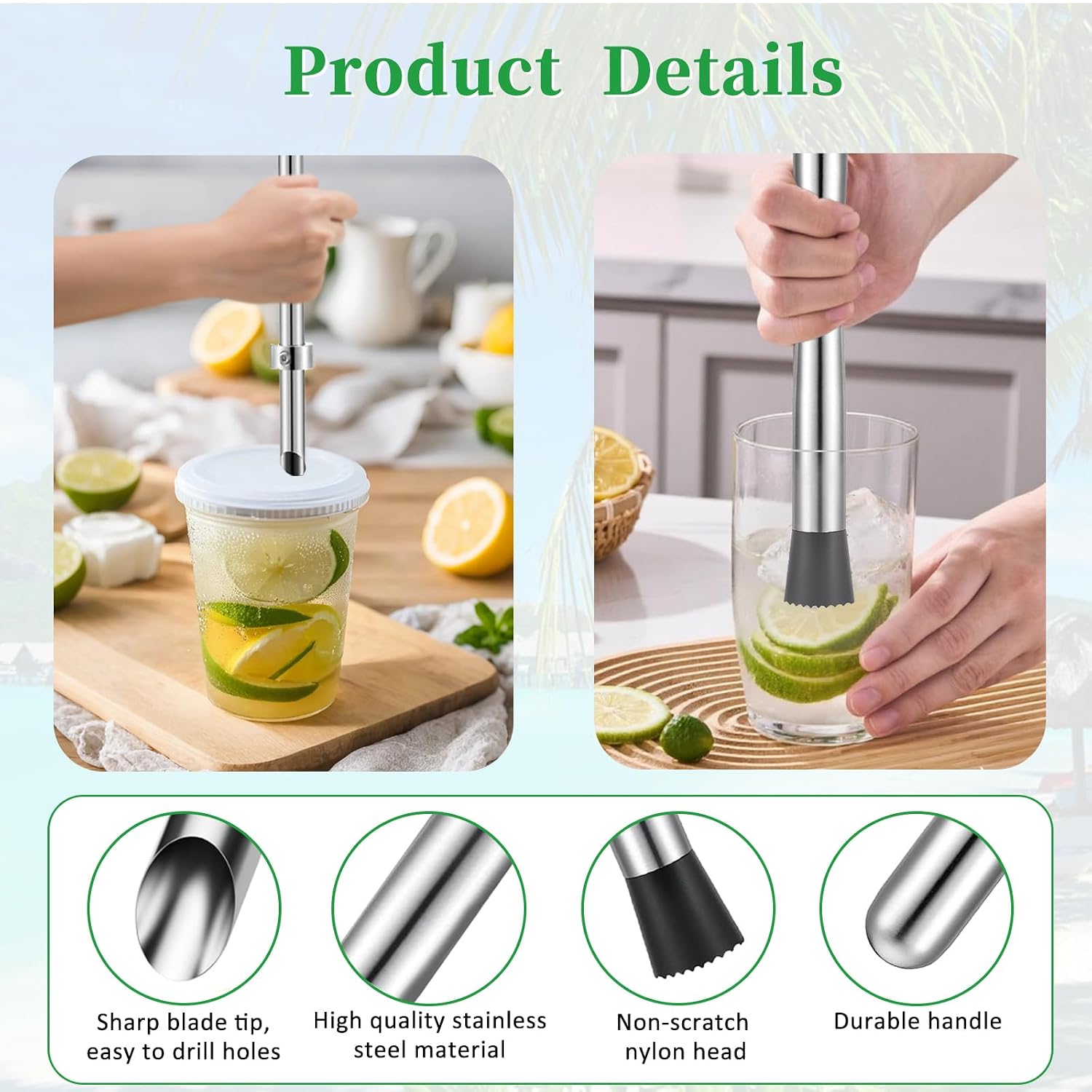 Lemon Smasher Puncher Brush Set Steel Cocktail Muddler Bar Drink Tool