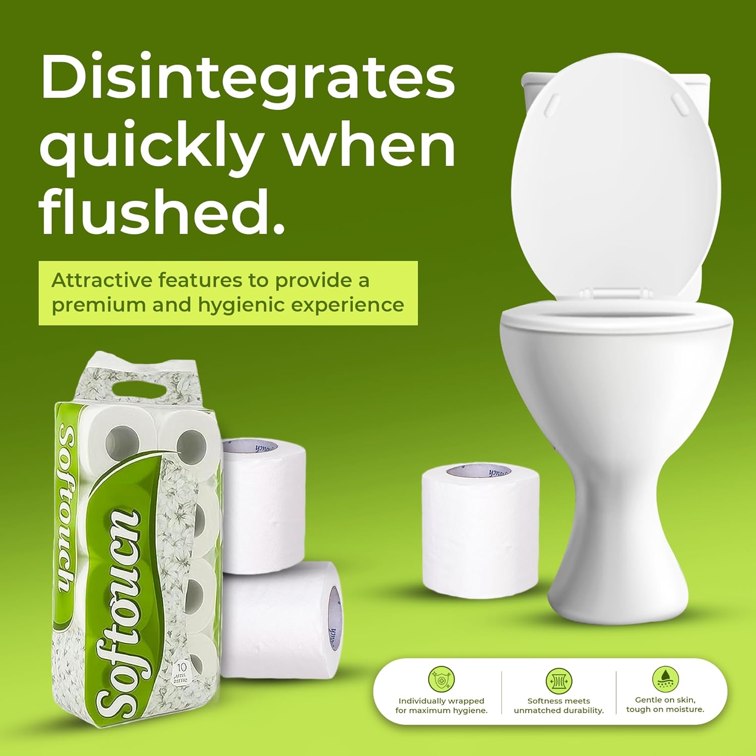 Softouch 2 Ply Toilet Paper Tissue Roll 10-in-1 set (Multicolour)