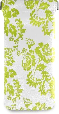 Squeeze Top Sunglasses Pouch Eyeglass Cases PU Leather Soft Anti-Scratch Eyeglass Holder (Lime Green Flowers Pattern White)