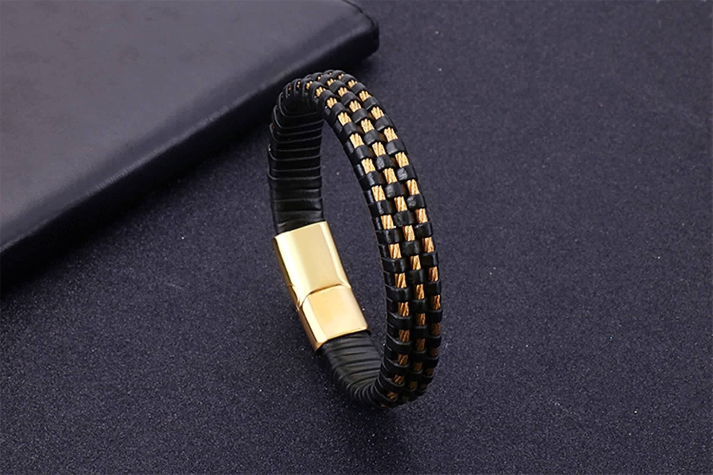 Bracelet en Cuir pour Homme, Bracelet Vintage Homme Acier Inoxydable Tisser Cool Mode Bijoux Cadeau
