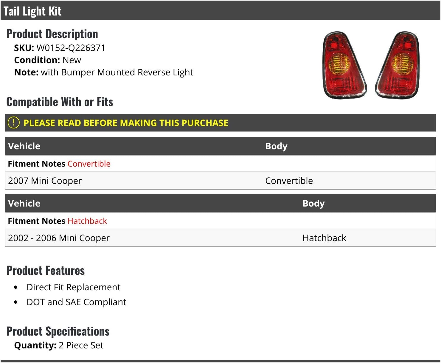 Tail Light Kit - Set of 2 - with Bumper Mounted Reverse Light - Compatible with 2002-2007 Mini Cooper Hatchback/Convertible