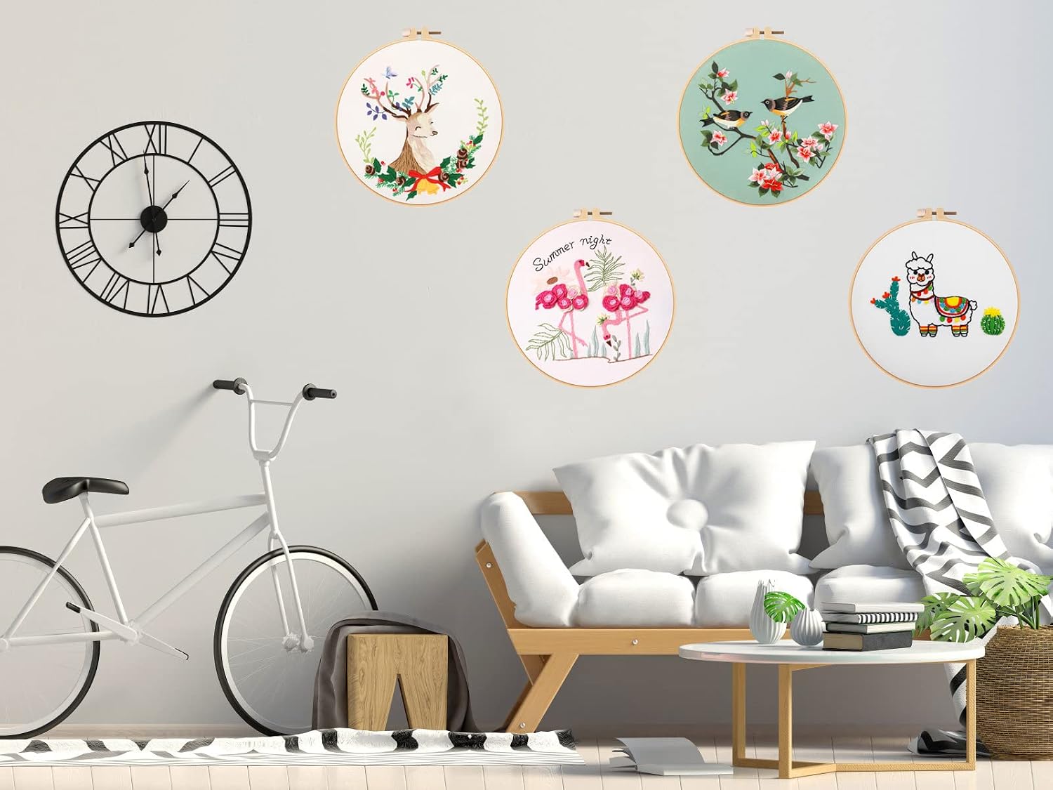 Embroidery Kit for Beginners Funny - 4 Sets Cross Stitch Kits Beginner with 4 Embroidery Patterns/Hoops Kits/Embroidery Thread and Tools for Beginners Adults Kids (Deer, Flamingo, Alpaca, Bird)
