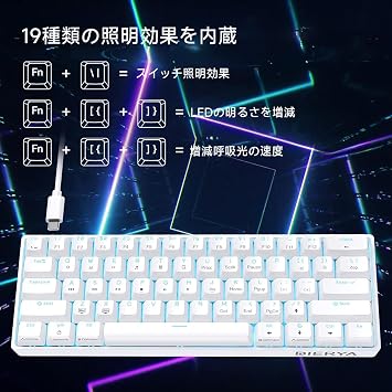 DIERYA Gaming Keyboard with Blue Switch, Mini Mechanical Keyboard, 60% Layout, 61 Keys, English Layout, Wired Keyboard, Detachable USB C Power Cable, for Windows Laptops and PC Gamers White