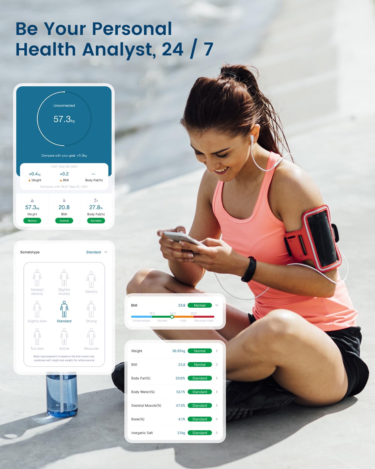 himaly Cyfrowa waga osobowa z aplikacją Smart Fitness, 6-kolorowy wyświetlacz LCD, 18 danych o ciele, szybkie ładowanie przez USB, maks. 180 kg