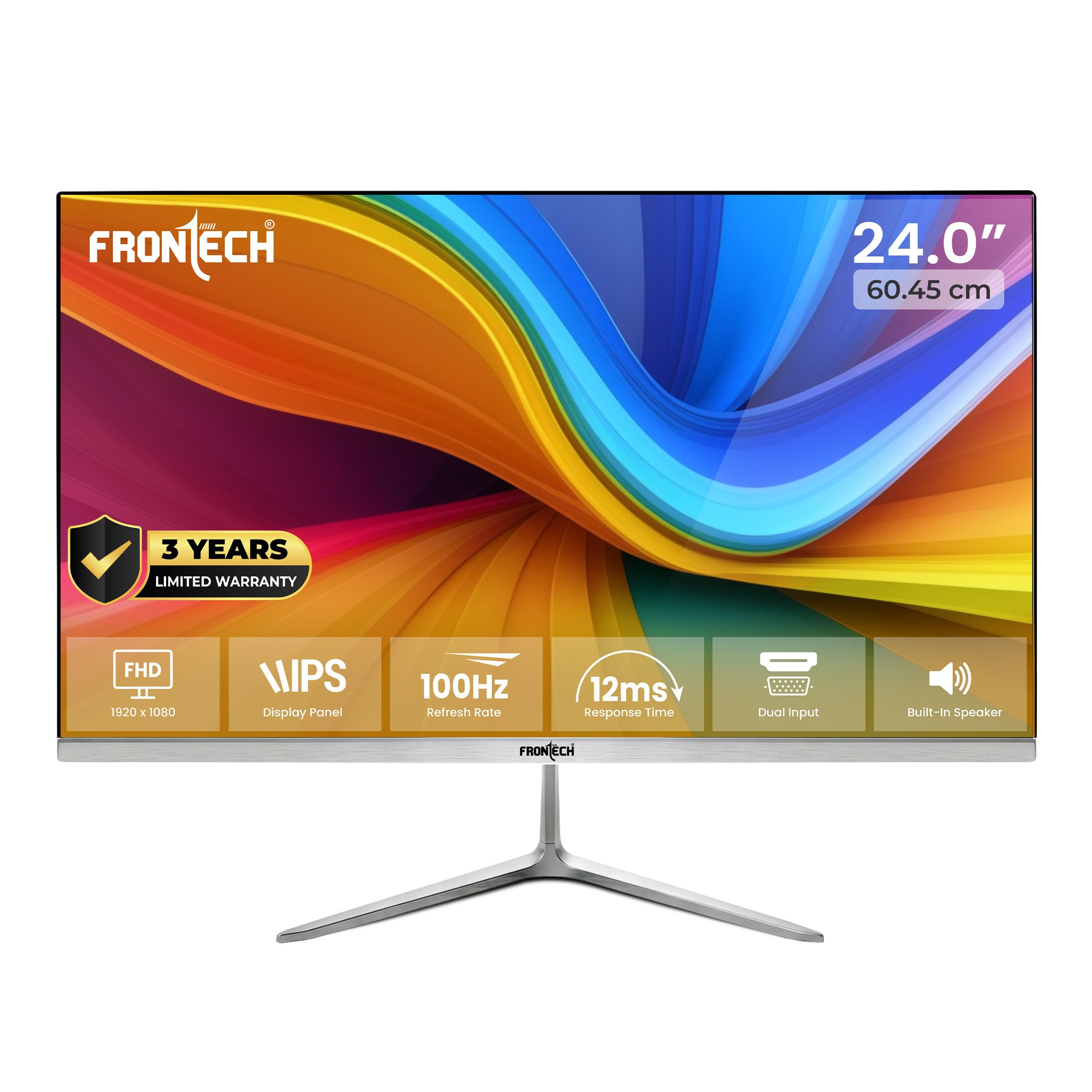 FRONTECH LED Monitor 24 inch (60.4 cm), 250 nits, 100Hz, Full HD 1920x1080, IPS Panel, HDMI, VGA, Built-in Speakers, Ultra Slim Bezel, 3 Years Warranty (MON-0089)