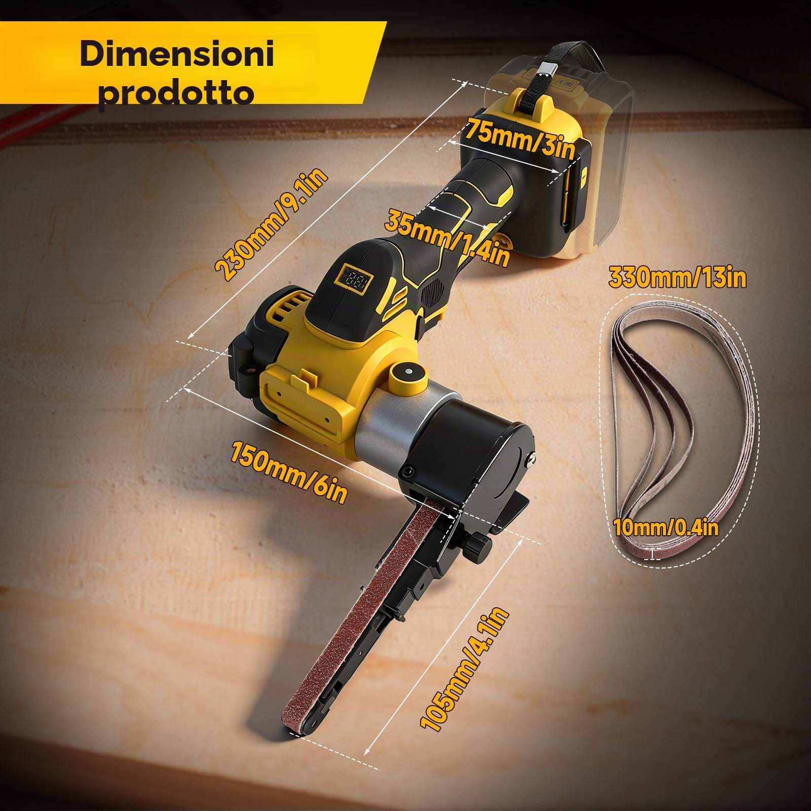 Levigatrice a nastro cordless compatibile con batteria Dewalt 20 V, levigatrice a cinghia senza spazzole regolabile a 360° da 0 a 13.000 giri/min con 20 nastri abrasivi per legno, metallo e plastica