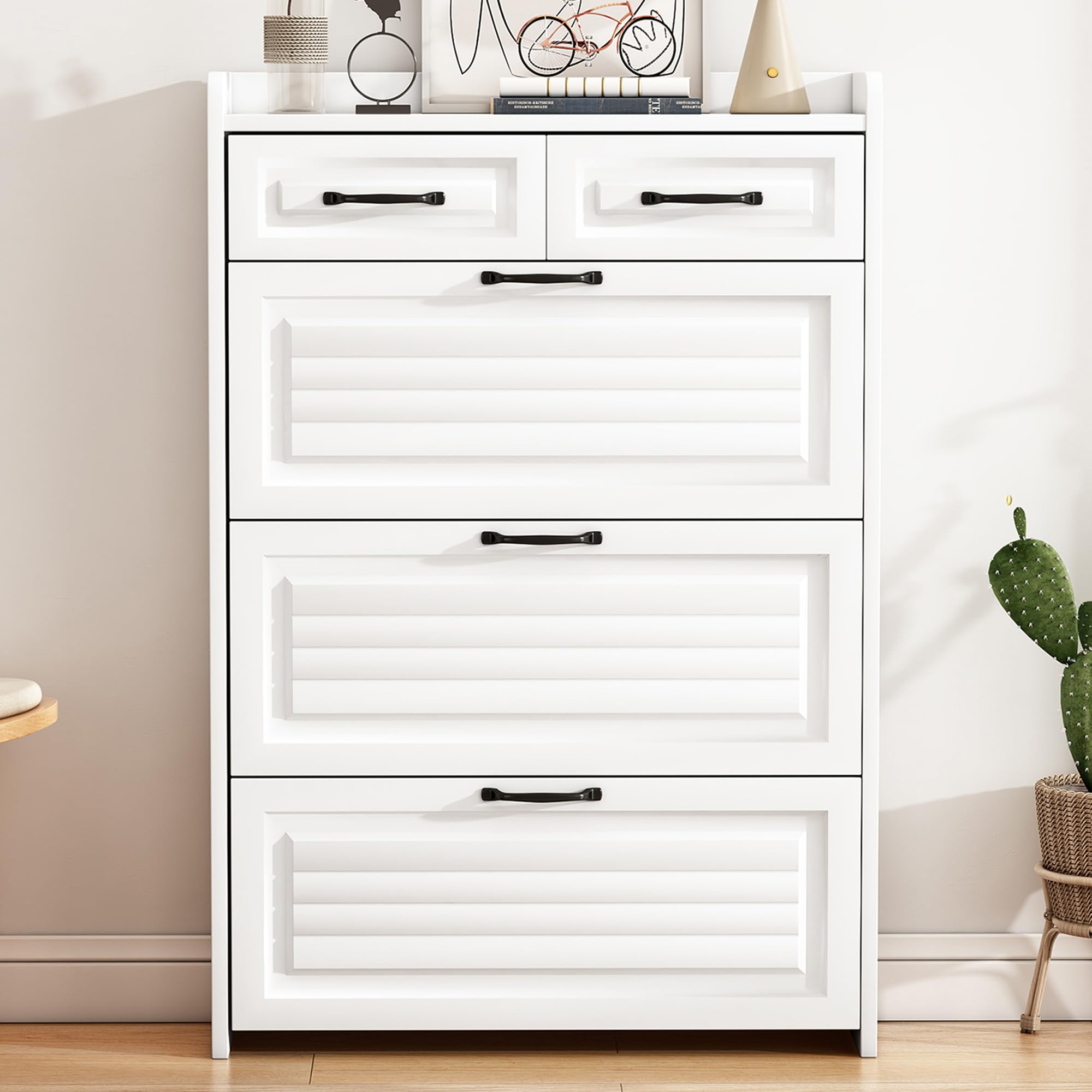Goeria Zapatero con Zapatero Giratorio, 3 Estantes Giratorios, 2 Cajones, Madera, Blanco, 80L x 120H x 23.5B, Adecuado para Zonas de Entrada y Salón