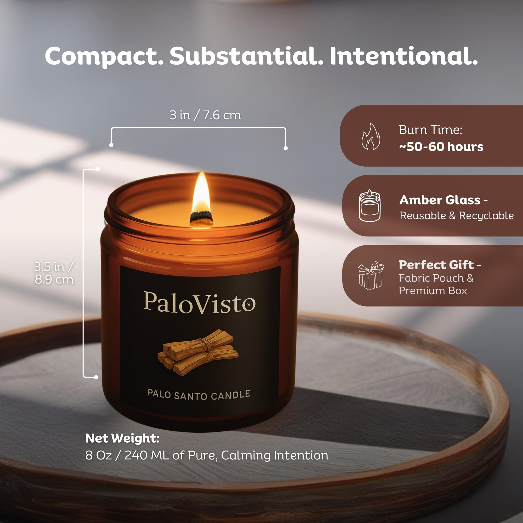 Palo Santo Premium-Kokosnusswachskerze, 237 ml, 60 Stunden Brenndauer, knisternder Holzdocht, handgefertigtes Geschenk, paraffinfreie Luxus-Aromatherapie für Zuhause und Wellness