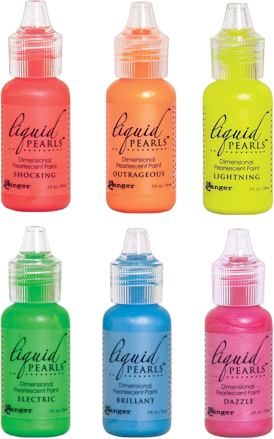 Ranger - Liquid Pearls Pearlescent Paint 2019 Neon Brights Bundle of 6 Colors - Brilliant, Dazzle, Electric, Lightning, Outrageous and Shocking