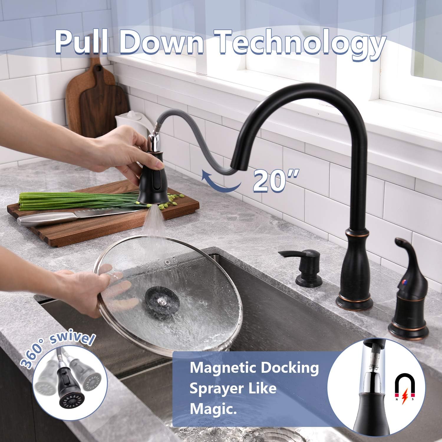 Buy Appaso 3 Hole Kitchen Faucet With Pull Down Magnetic Docking Sprayer Oil Rubbed Bronze 2 Hole Pull Out Kitchen Sink Faucet With Side Single Handle And Soap Dispenser 211orb Online In Indonesia