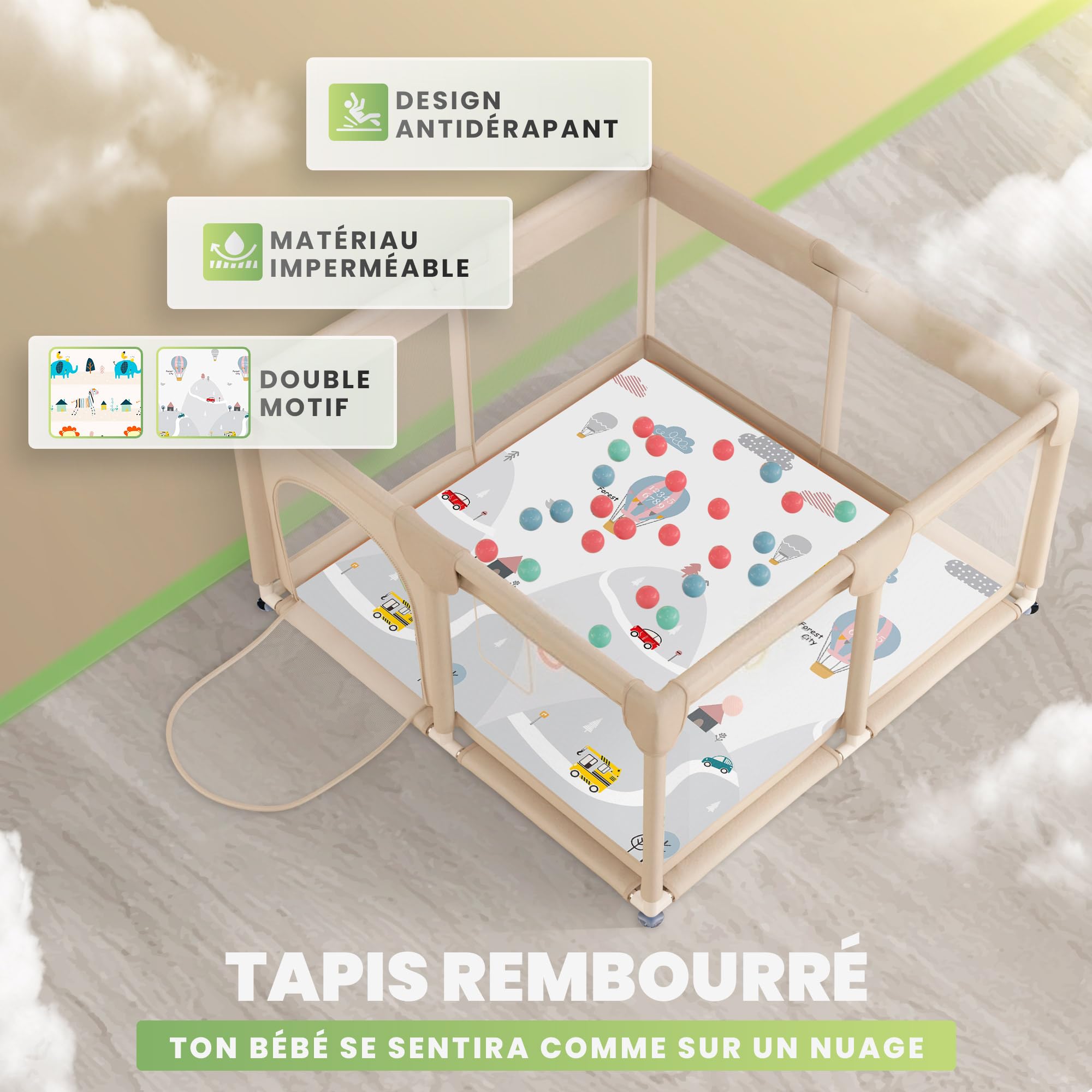 JUPPLIES Parc Bébé Sécurisé 120×120 cm – Aire de Jeu Carrée pour Enfant 6-24 mois, Filet Respirant 360°, Structure Stable Antidérapante (Beige avec tapis + balles)