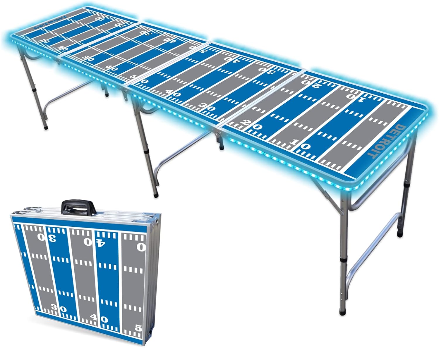 8-Foot Folding Portable Pong Table w/Optional Cup Holes & LED Lights - Detroit Football Field (Choose Your Model)