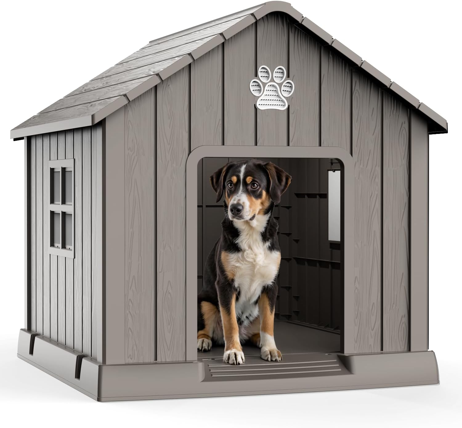 VIXZEN Dog House Outdoor, 38 Inches Weatherproof Resin Dog House Indoor Large with Air Vents & Elevated Floor, Doghouse Outdoor for Large Dogs, Easy Assembly, Versatile Storage Functionality (Grey)