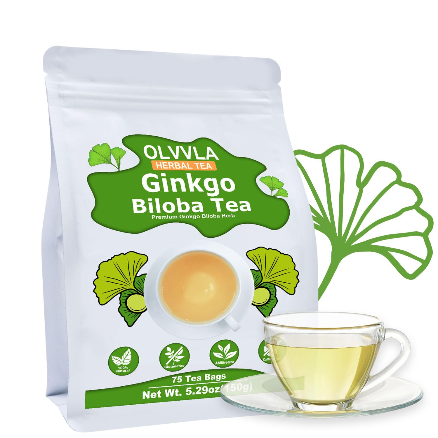 Olvvla - Ginkgo Biloba Tea Bags - 75 Count - Natural Premium Ginkgo Biloba Leaves - Caffeine-Free Herbal Tea for Relaxation- Non-GMO