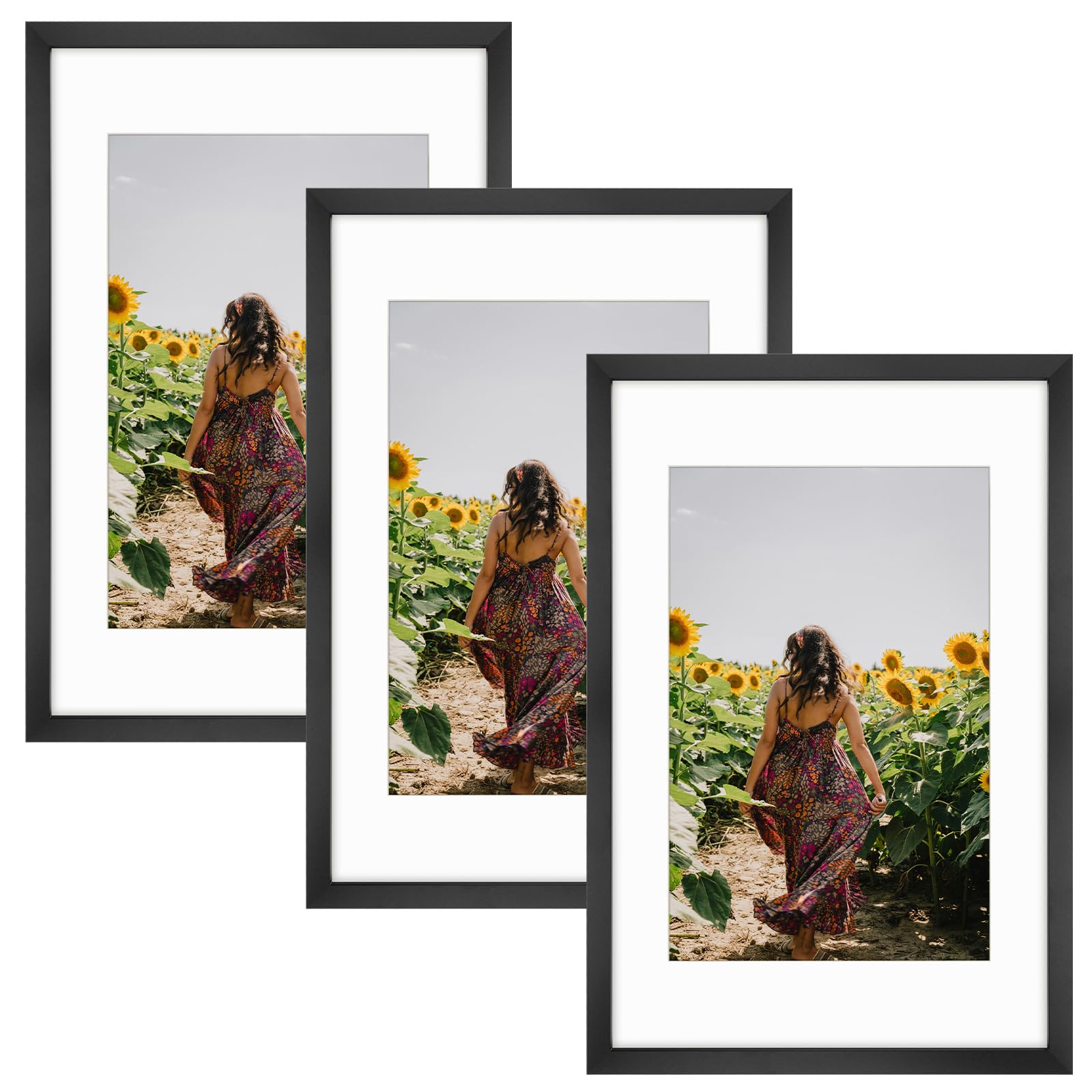 Frametory 3 Pack 16x24 Black Picture Frame with Real Glass Mat for 12x18