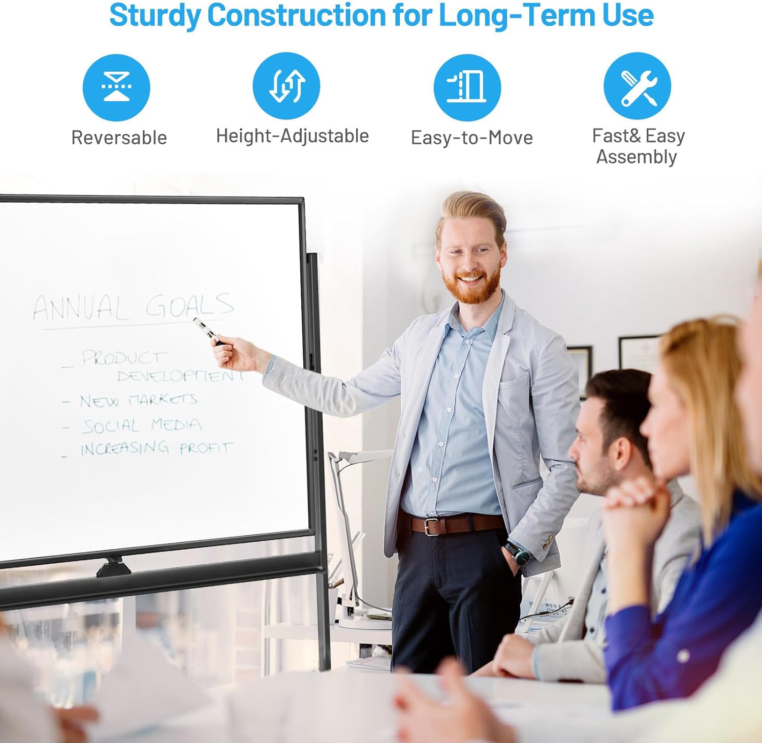 Giantex Double-Sided Magnetic Dry Erase Mobile Whiteboard, 48 x 36 Inches Adjustable-Height Reversible Whiteboard w/ 1 Flip Chart, 6 Markers, 12 Magnets, 1 Eraser, Free-Standing Rolling Whiteboard