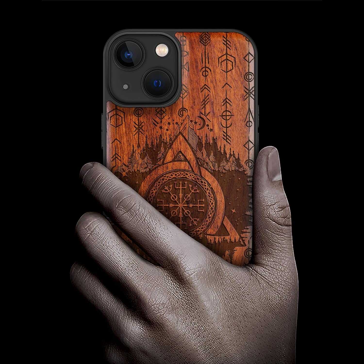 Carveit Magnetic Wood Case for iPhone 13 Case [Natural Wood & Black Soft TPU] Unique Wooden Shockproof Protective Cover Compatible with magsafe (Celtic Helm-Awe -Rosy)