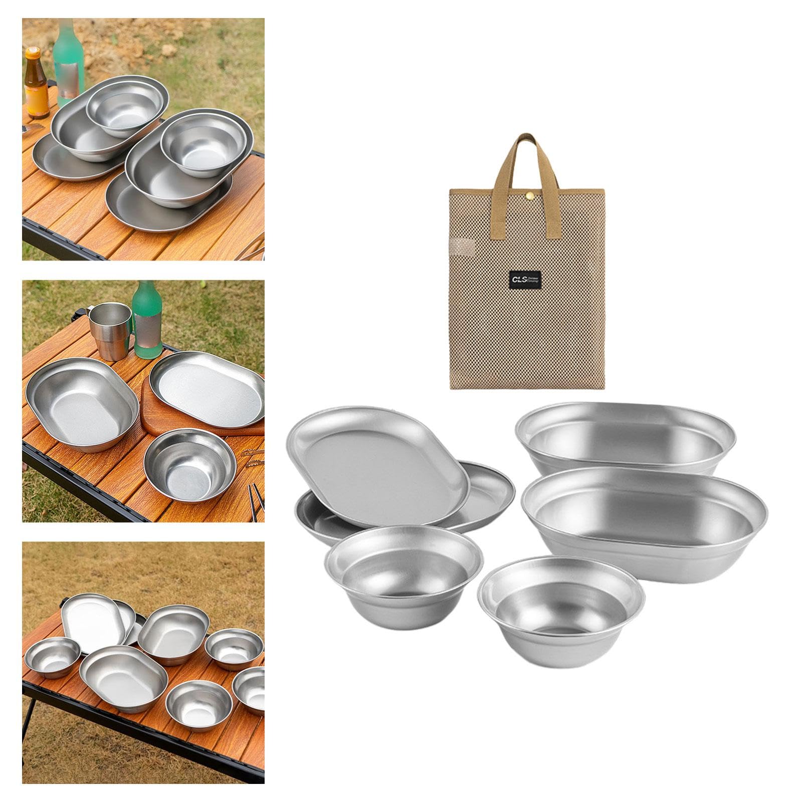 6 Teiliges Camping Besteckset, Outdoor Geschirrset, Edelstahlteller, Schüsseln, Schalen, Besteck, Aufbewahrungstasche, Leicht zu Reinigen, Geeignet Fü