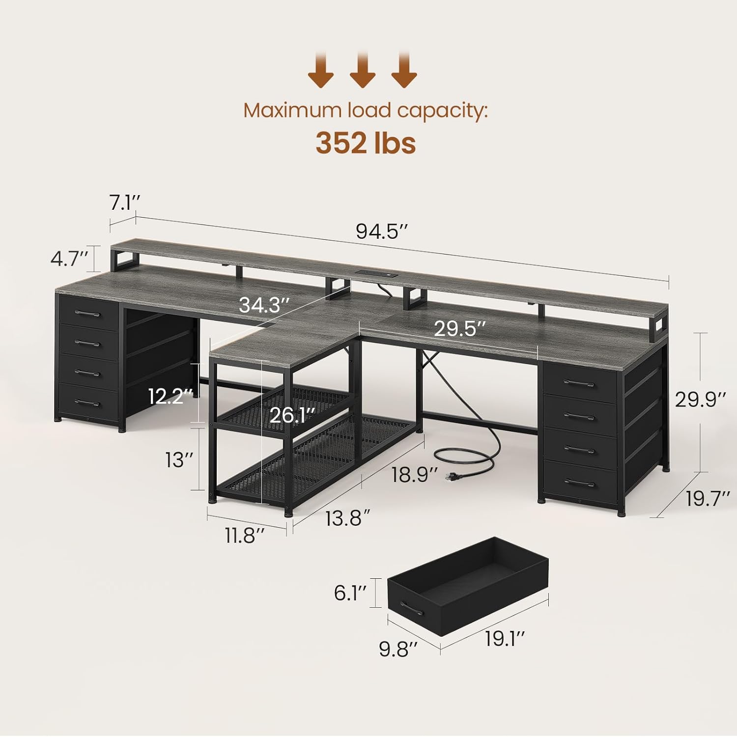 SEDETA 94.5" 2 Person Gaming Desk, Long Office Computer Desk with 8 Drawers & LED Lights, Two Person Desk with Storage, Power Strip & Monitor Stand for Home Office, Grey