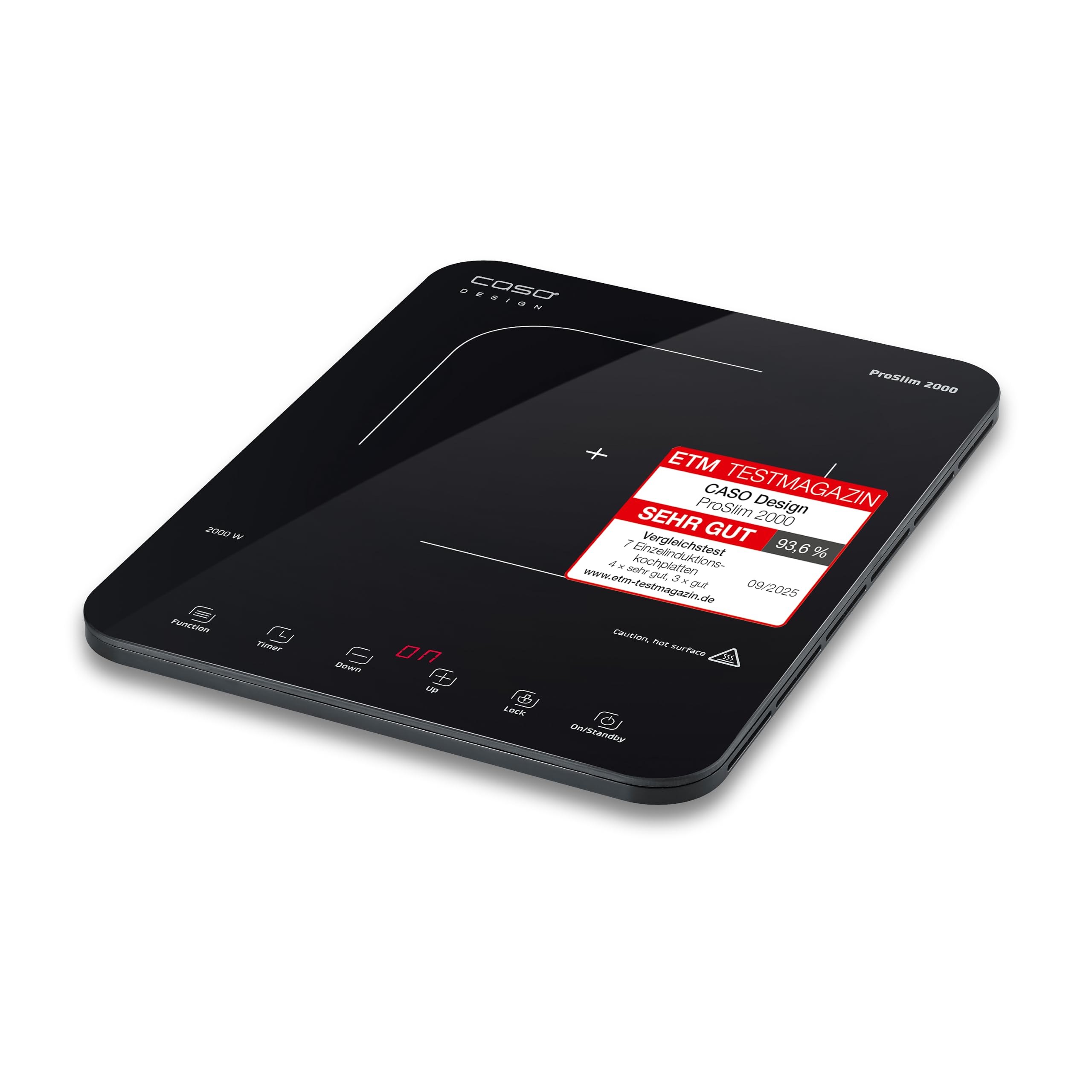 CASO ProSlim 2000 – ultraflache 2000W Induktionskochplatte, Testurteil „sehr gut“ (ETM Testmagazin 09/2025), Induktionskochfeld, 10 Temperaturstufen, Sensor‑Touch, Auto‑Topferkennung, Timer