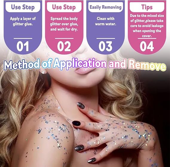Laza Body Glitter, 2 Jars Holographic Chunky Sequins with Glitter Glue Perfect for Women Eyeshadow Makeup Face Paint Festival Rave outfits Hair Accessories Carnival Party Costumes - Bright Gold Silver