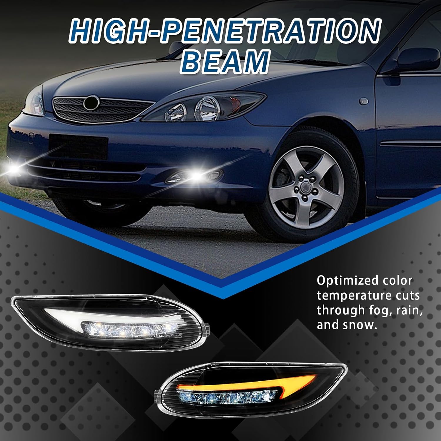 LED DRL Fog Lights fit for 2002-2004 Toyota Camry/ 2005-2008 Corolla/ 2002-2003 Solara,Front Bumper Driving Fog Lamps w/DRL Dynamic Turn Signal