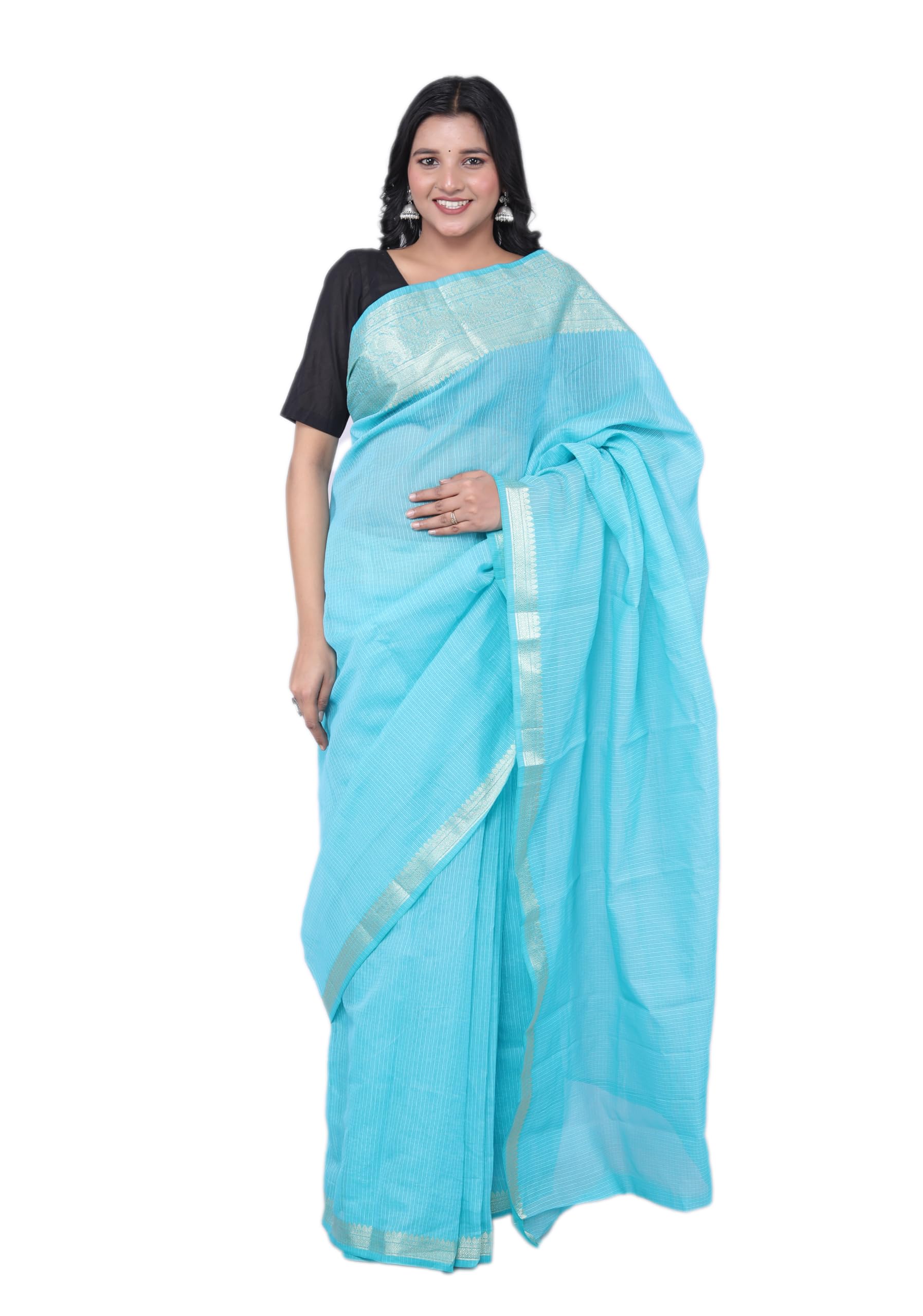 Kota Doria Broad Zari Cotton Blend Saree with Unstitched Blouse-picture-45