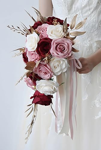 Ramo de boda en cascada de 9 pulgadas para novia, color marfil, rosa, burdeos, rosada, cascada, ramo de boda con hojas doradas, ramo de novia para