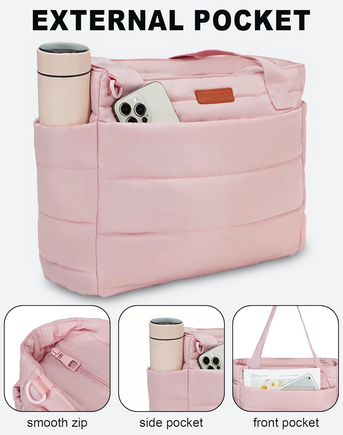 Quilted Puffer Tote Bag for Women, 21L Work Hobo Tote, Lightweight Travel Shoulder Bag for Nurses/Commuters | 16" Laptop Sleeve, Foldable Design, Cup Holder Pocket, Daily Carry On Bags - Image 3