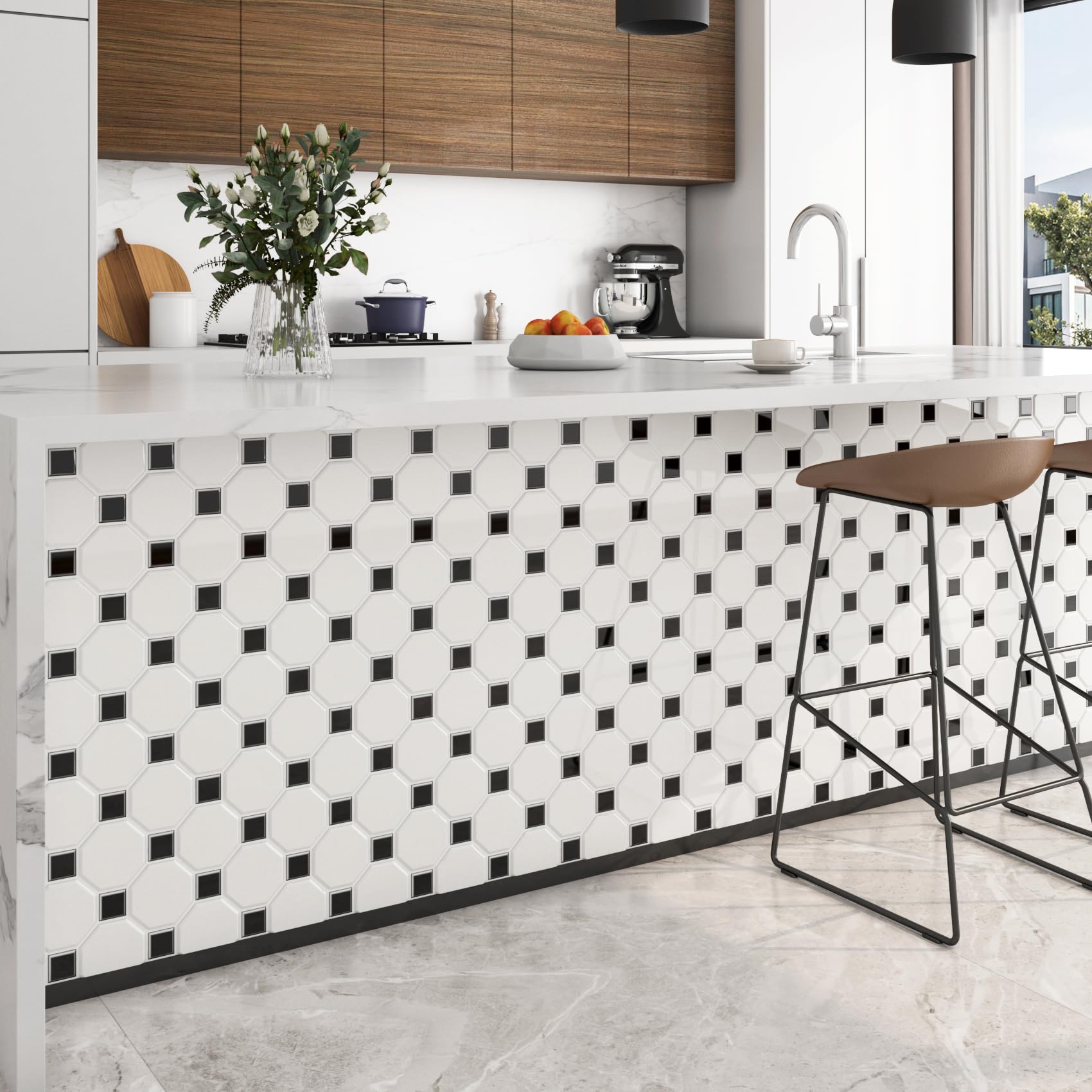 FunStick 30CMx30CM 30 Piastrelle PVC Adesive Bianco Nero Carta Adesiva per Mattonelle Bagno Quadrato Esagonale Adesivi Murali 3D Adesivi per Piastrelle Cucina Rivestimento Parete Bagno Adesivo Bianco