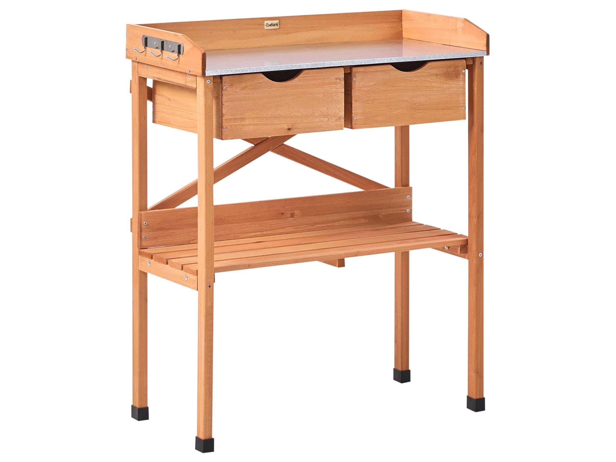 Beliani Modern Potting Bench with Storage 79 x 37 x 89 cm Galvanised Iron Worktop Garden Furniture Fir Wood Light Brown Ravanusa