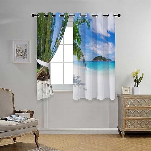 Light Blocker Curtains Sea and Sky Beach Scenery Sound Proof for Doors Cortinas para Ventanas De Cuarto 110Inch Width by 96Inch Length,2 Panels