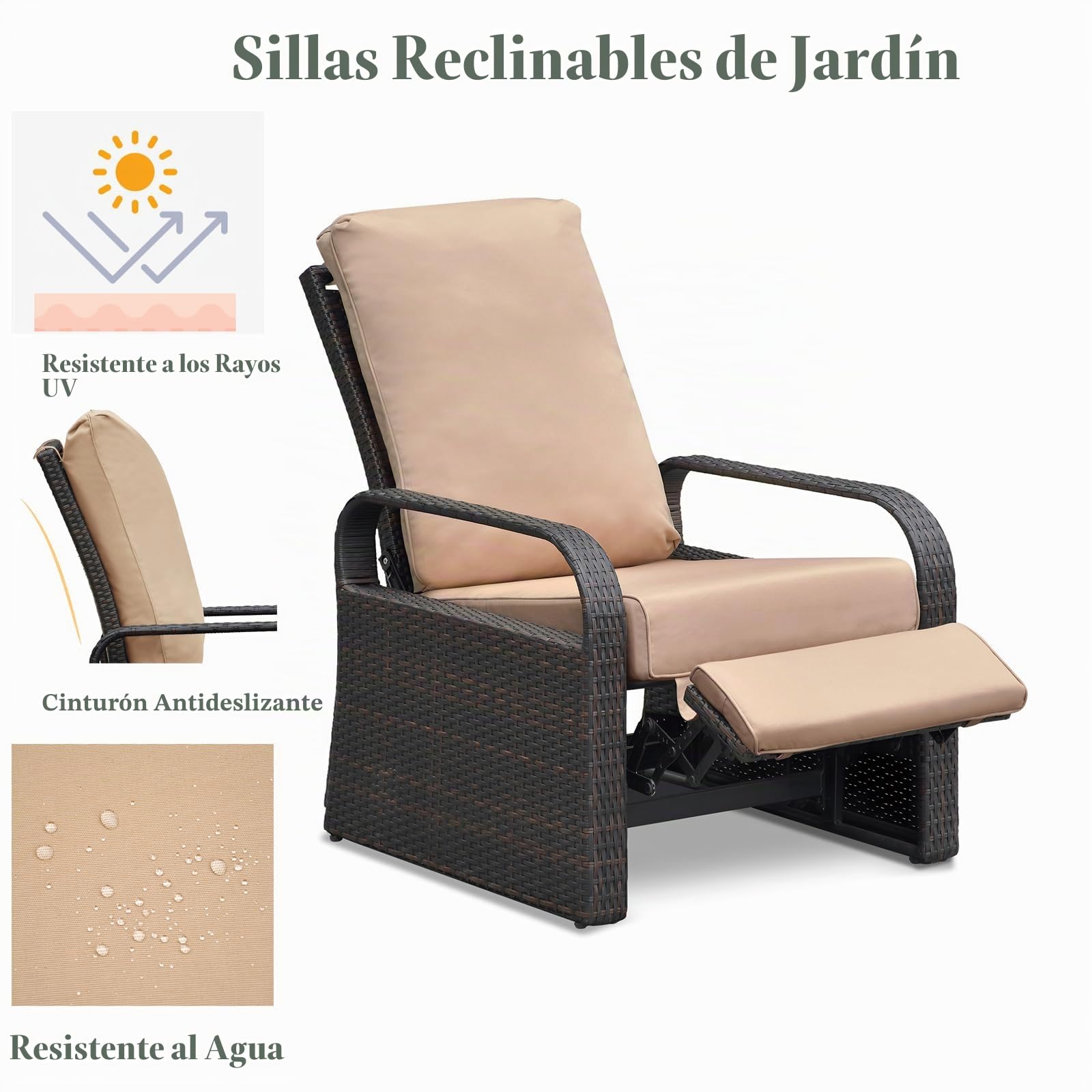 ATR ART TO REAL Juego de 2 sillas reclinables de jardín, silla reclinable para exteriores ajustable de 3 posiciones de altura, marco de aluminio, tumbonas de ratán tejidas a mano para muebles de