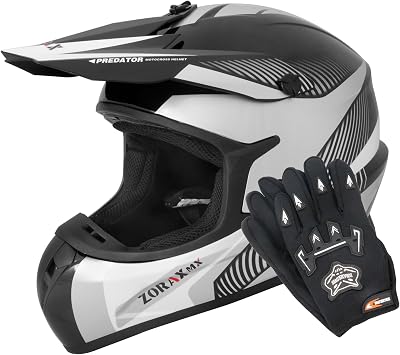 Zorax Black/Silver/White M 57-58cm ZOR-X305 Motocross HELMET & Gloves M9cm - MX Quad ATV Sports Enduro Crash Dirt Bike Helmet ECE 22.06 Certified