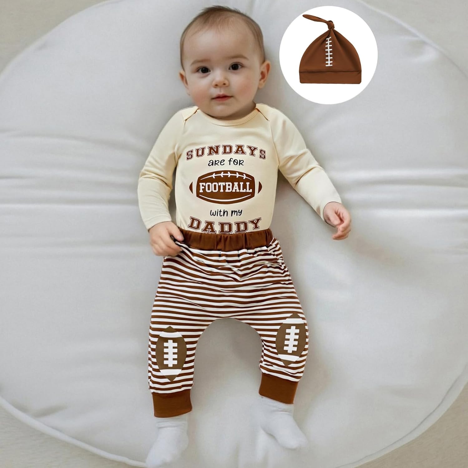 Newborn Baby Boy Football Outfit Letter Print Long Sleeve Football Romper Stripe Long Pants Hat Fall Winter Clothes - Image 4