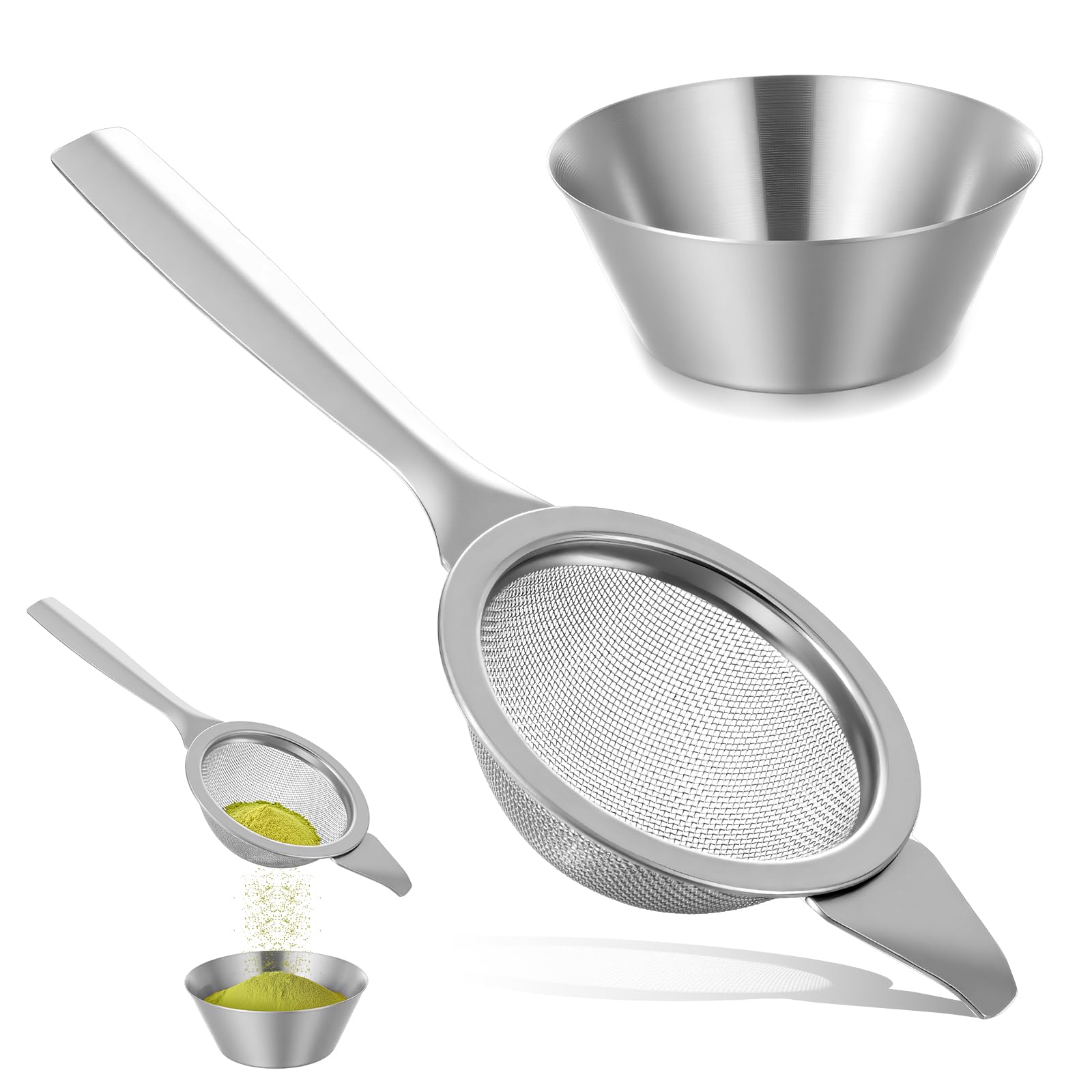 2.2" Gold/Silver Matcha Strainer, 30 Fine Mesh Matcha Sifter with Handle and Base, Stainless Steel Tea Strainer Fine Mesh, Small Metal Matchas Strainers for Loose Tea Coffee Cocktail (Silver)