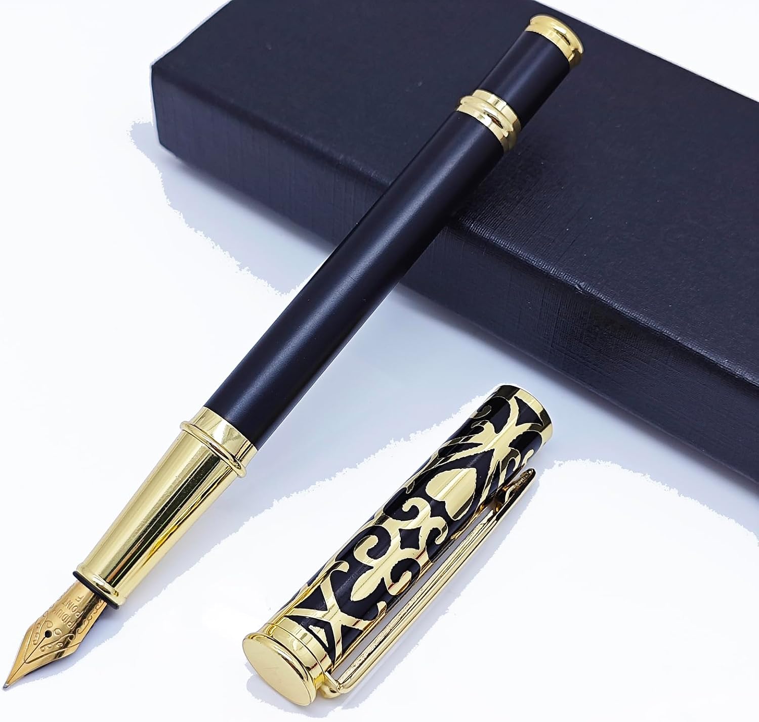 Luxury Writing Fountain Pen Set, Gold Black,Medium Nib, Refillable Ink Converter, Ink Cartridge (Blue/Black) Gift Box (Gold Nib, Black+Blue) image 3