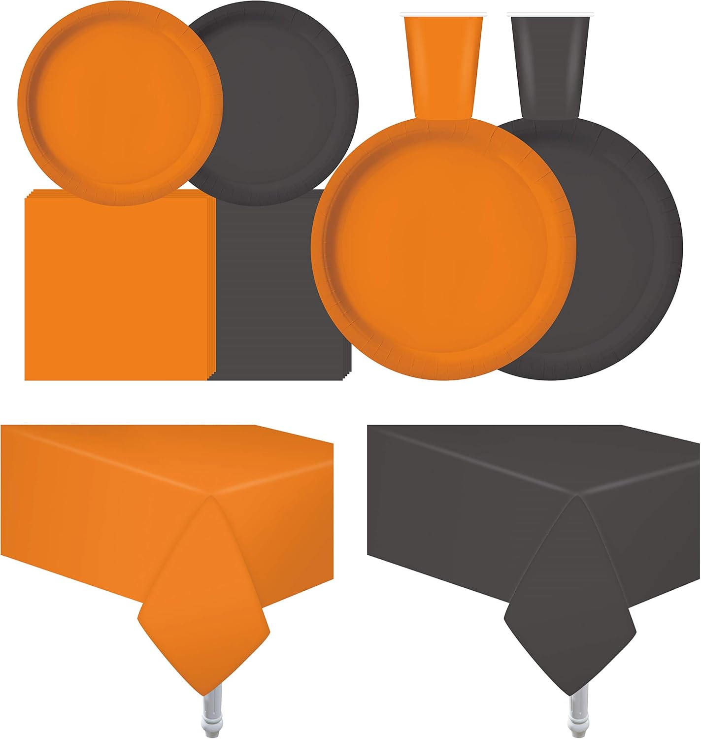 Serves 50 | Complete Party Pack | Black and Orange | 9" Dinner Paper Plates | 7" Dessert Paper Plates | 9 oz Cups | 3 Ply Napkins | 2 Table Covers | office parties, birthday parties, festivals, school colors, Halloween, sports teams : Home & Kitchen