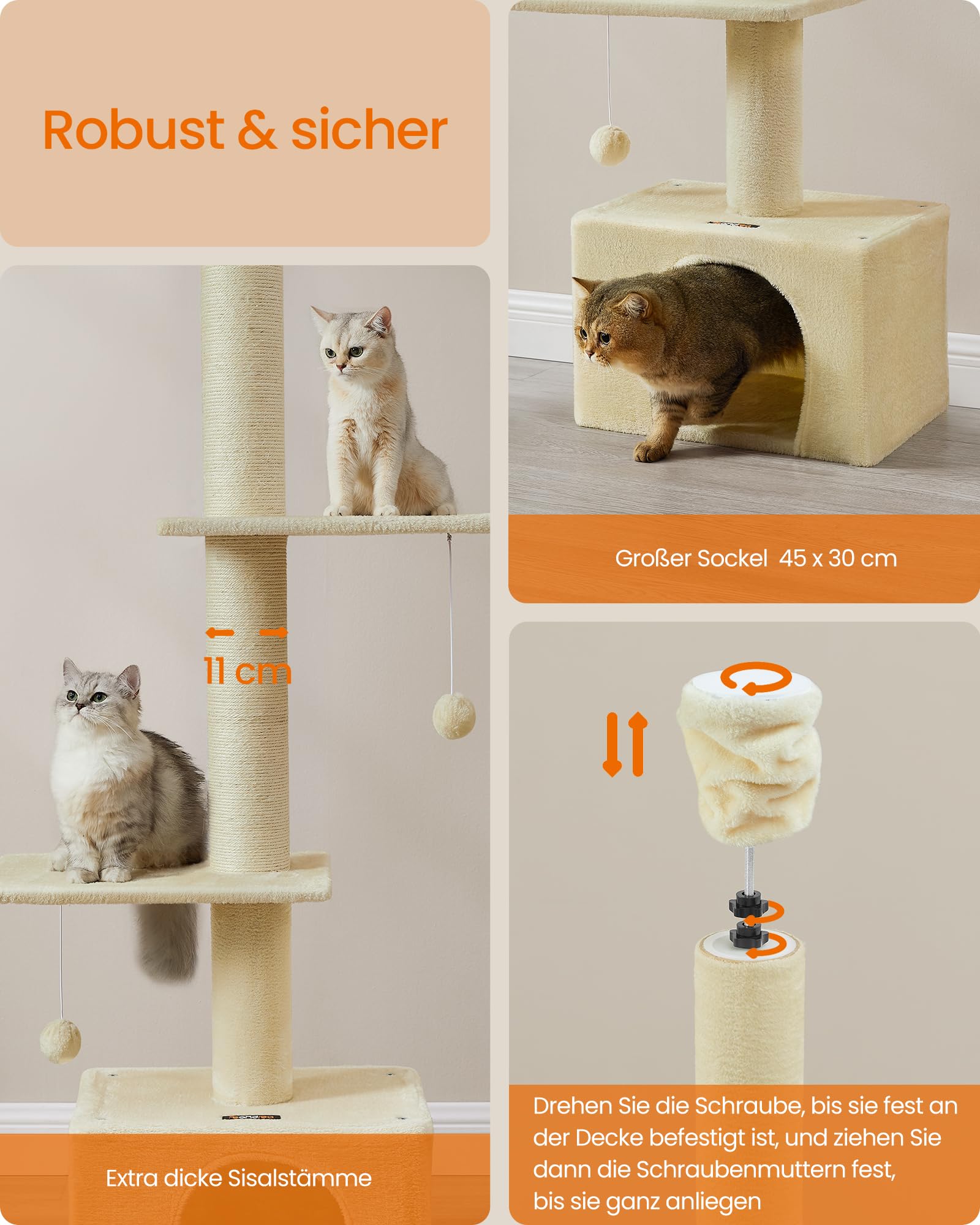 Feandrea Kratzbaum deckenhoch, 231-291 cm höhenverstellbarer Katzenbaum, XXL, hoher mehrstufiger Katzenkratzbaum, 11 cm Dicke Stämme, Höhle, Liegemulde, Plattform, beige PCT210Y01