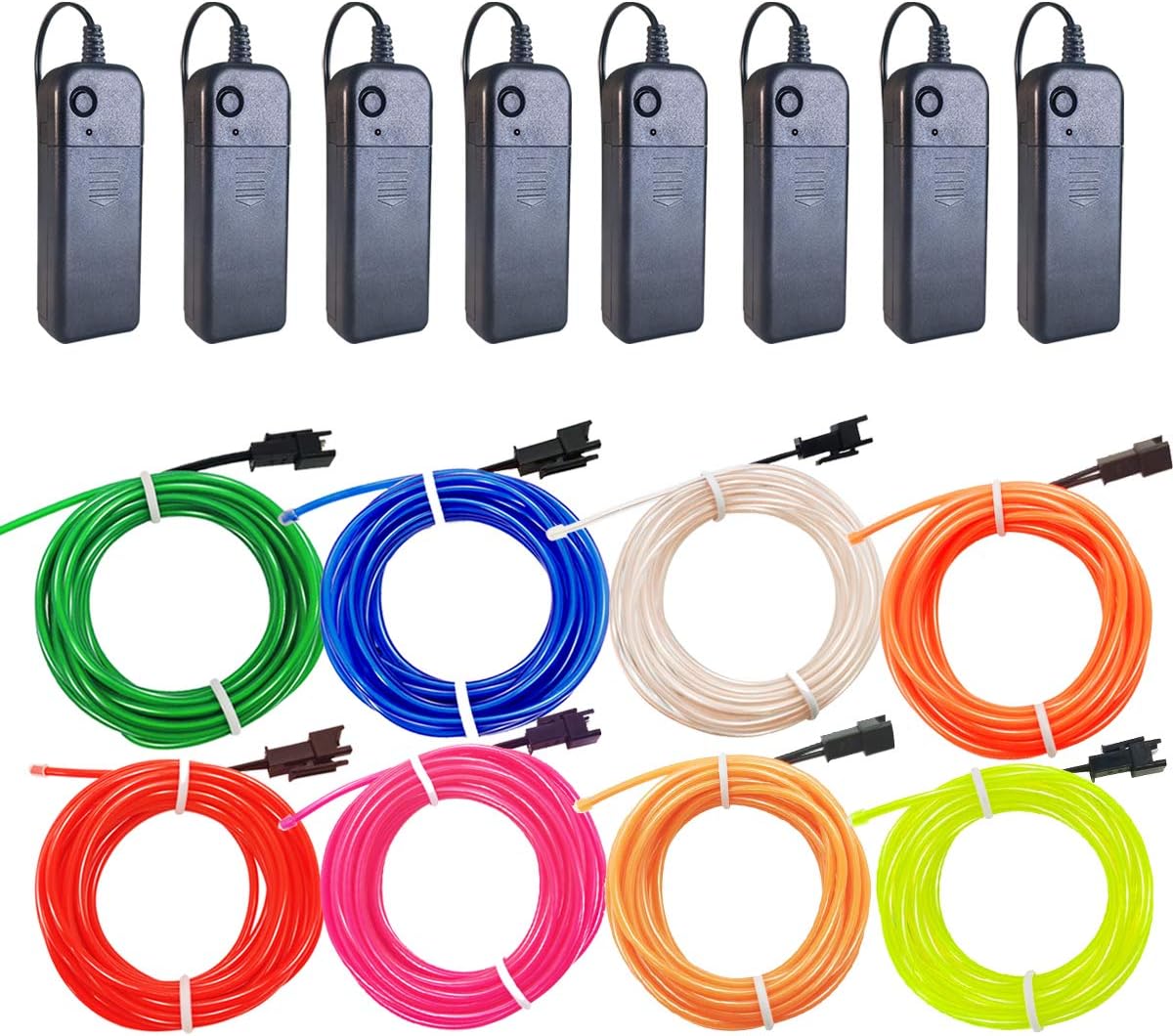 El Wire 8 Pack, 9ft Neon Light with Battery Pack (Red, Blue, Pink, Green, White, Lime Green, Yellow, Orange) for Halloween Decorations DIY Costume