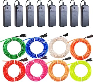El Wire 8 Pack, 16.4ft Neon Light with Battery Pack (Red, Blue, Pink, Green, White, Lime Green, Yellow, Orange) for Halloween Decorations DIY Costume (8 Colors, 16.4FT)