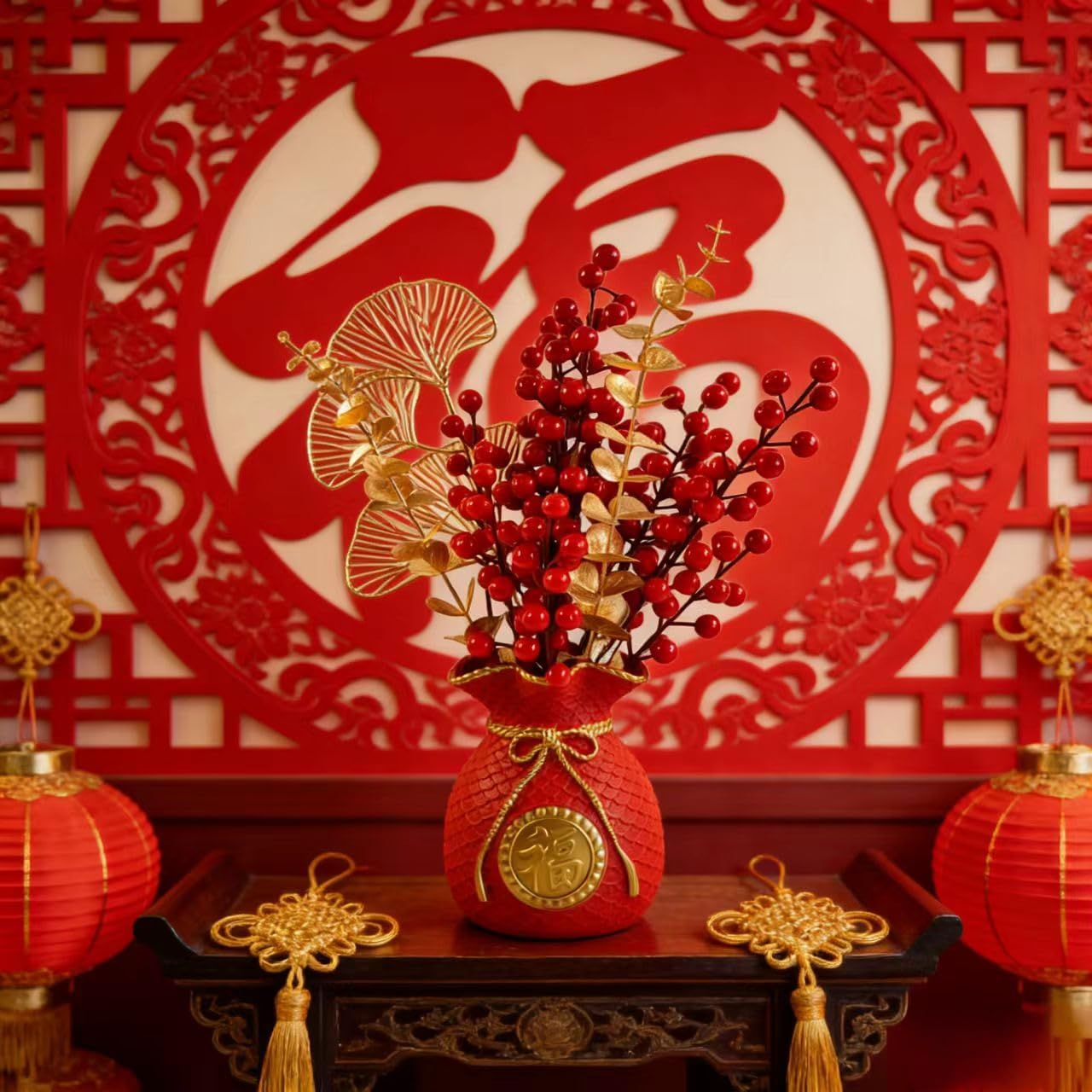 KYMY Chinese & Vietnamese New Year Fu Bucket, Spring Festival Artificial Flower Tree Table Ornament, Zodiac Horse Fortune Desktop Centerpiece for Asian TET Korea Lunar New Year Home Decor