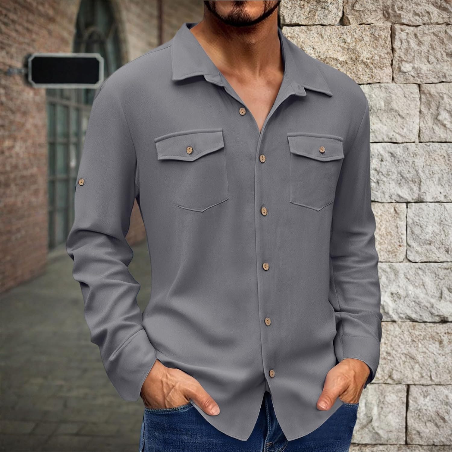 Ymosrh Men's Casual Dress Shirts Long Sleeve Button Down Wrinkle Free Untucked Shirts with Buttons, S-3XL