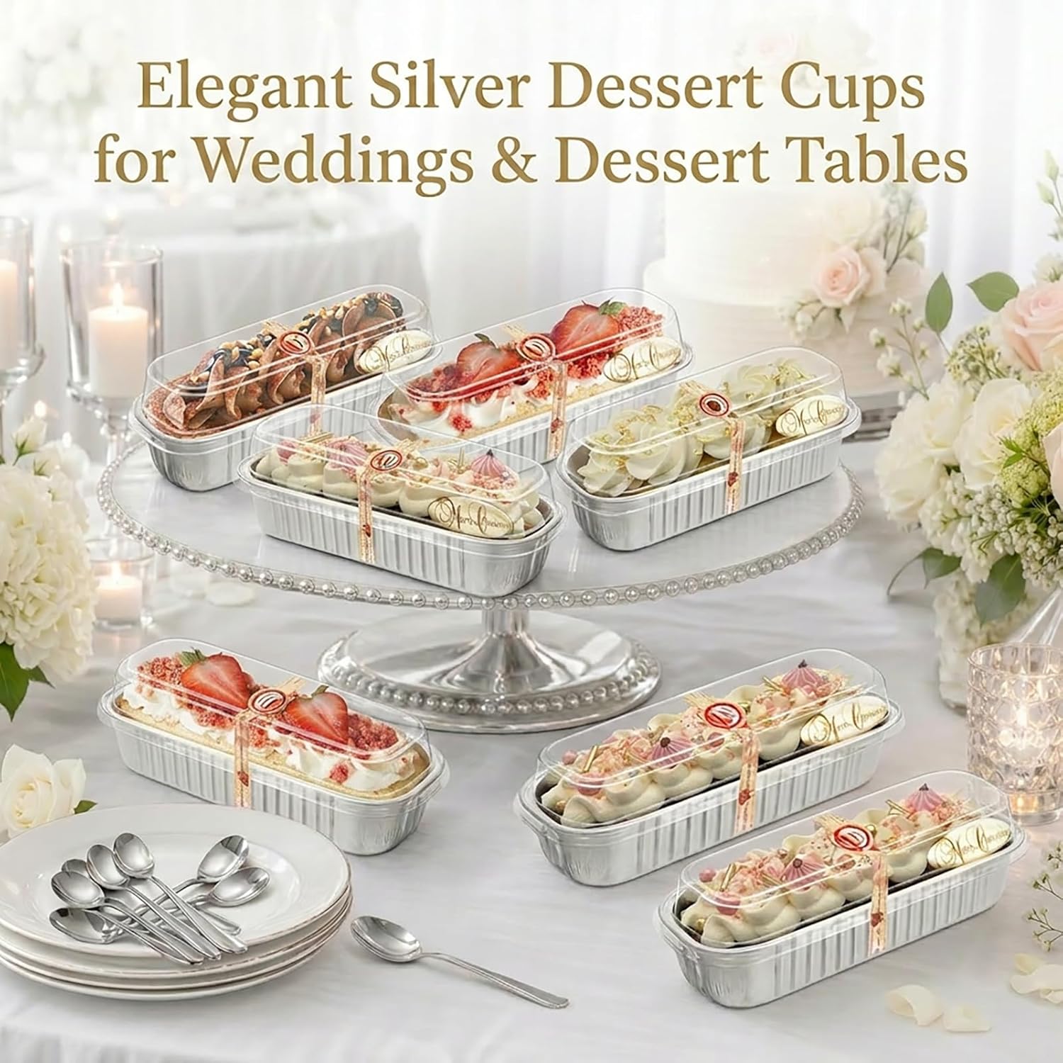 Condition photo showing New/Like New for yqer 100 pack silver mini cake pans with lids and spoons, 6.8 oz disposable aluminum foil mini loaf pans with stickers, individual elegant dessert cake tins containers for weddings, winter parties silver 100
