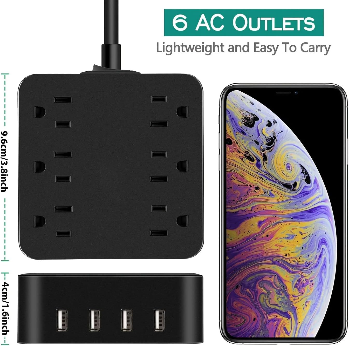 Power Strip Surge Protector, 6 AC Outlet with 4 Port USB Power Strip Charger 5ft Power Cord 1875W 100-240V for Home, Office, Dorm Essential,Black