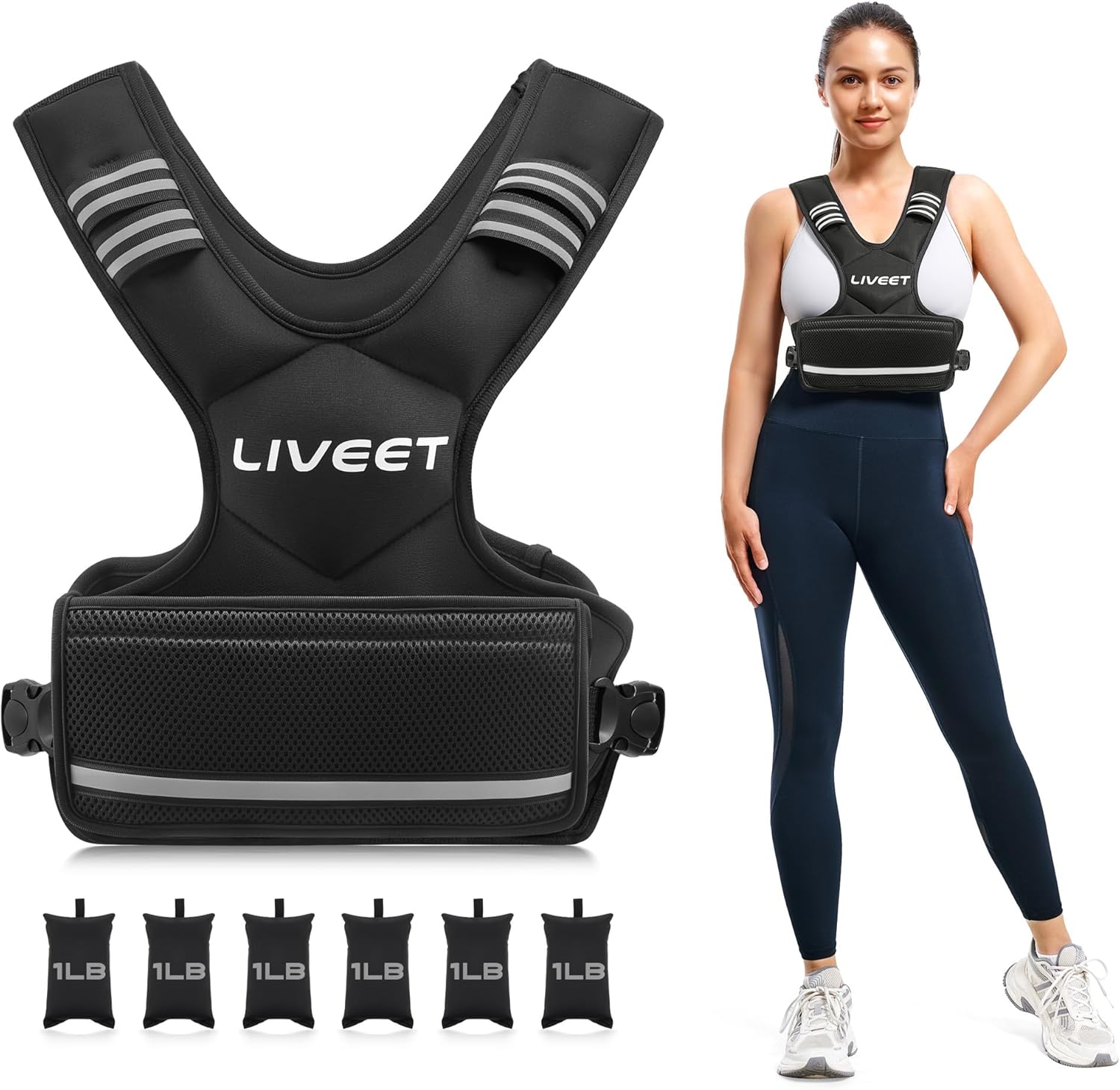 Adjustable Weighted Vest for Women Men, 4-10lb 11-20lb 20-32lb Weight Vest with 6 Ironsand Bags, Running Vest with Reflective Strips Adjustable Buckle Straps for Walking Strength Training Black 4-10 lbs