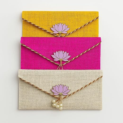 KOOGLY Jute Shagun Envelope for Money and Shagun Envelopes for Wedding,Birthday,Gifting For Birthdays and Functions | Multicolor|Pack of 3|