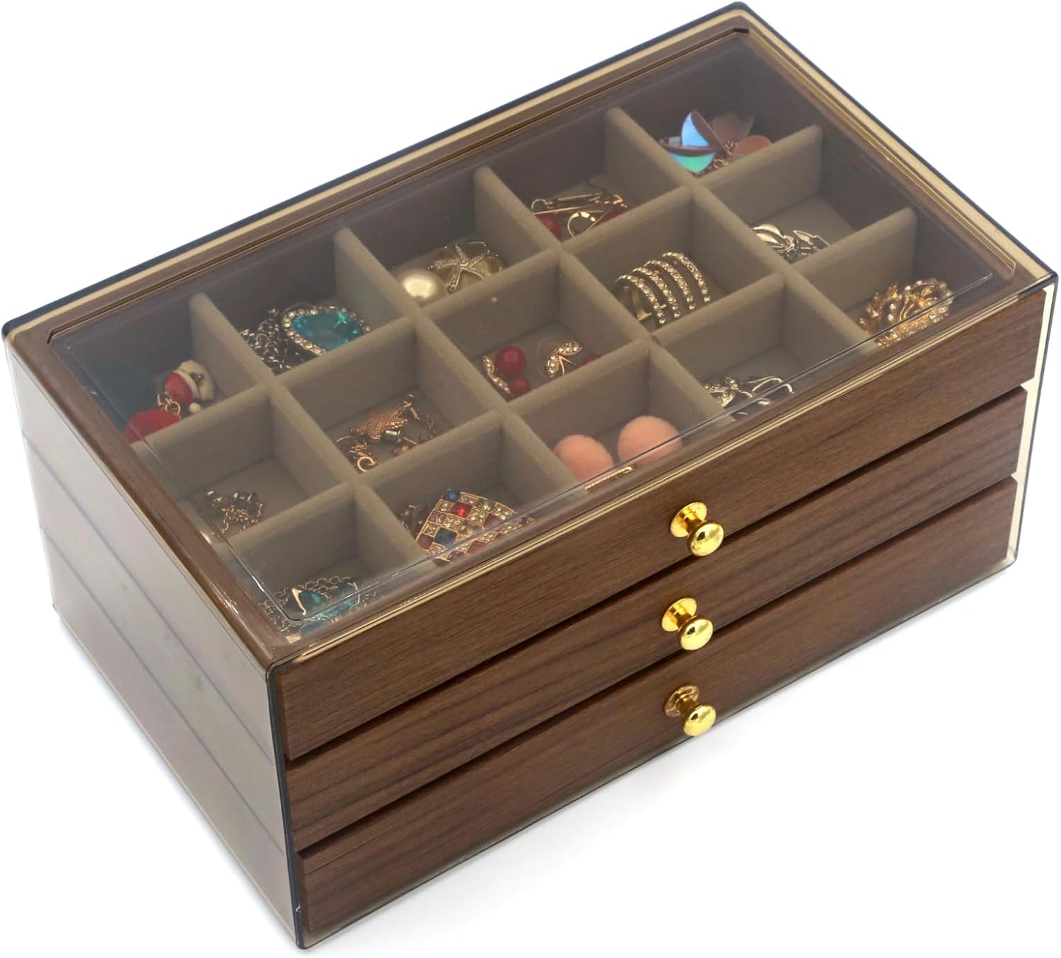 Acrylic Jewelry Organizer with Velvet Lining & Wood Drawer - Adjustable Compartments for Earrings, Rings, Necklaces, Bracelets, Lipstick | Stackable Makeup Storage Case (grey)