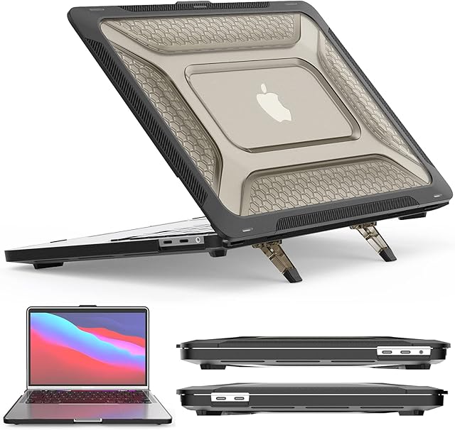 SEYMAC stock for MacBook Pro 14 Case 2022/2021 (Model A2442 M1 Pro / M1 Max) with Touch ID, Dual Layer Protective Hard Shell Case for MacBook Pro 14 Inch with Foldable Stand & Mouse Pad, Black